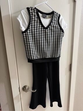 Girls Black & White Houndstooth Knit Vest and Black Pants Set